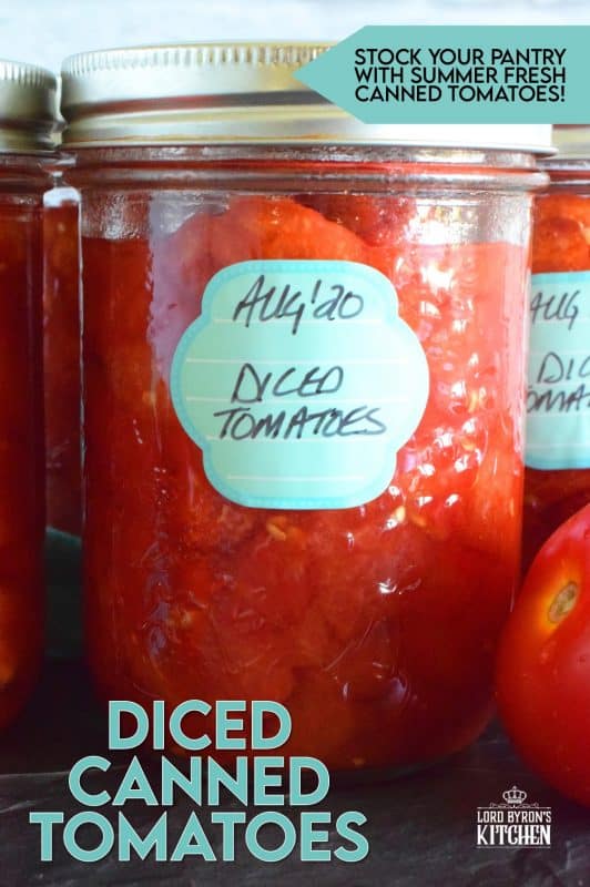 Many recipes include Canned Diced Tomatoes. Why not make your own with those local and fresh end of summer tomatoes? They're very budget friendly and taste so much better than what you can buy in a store. Stock your pantry and have that fresh tomato flavour all winter long! #canning #canned #preserved #tomatoes #diced