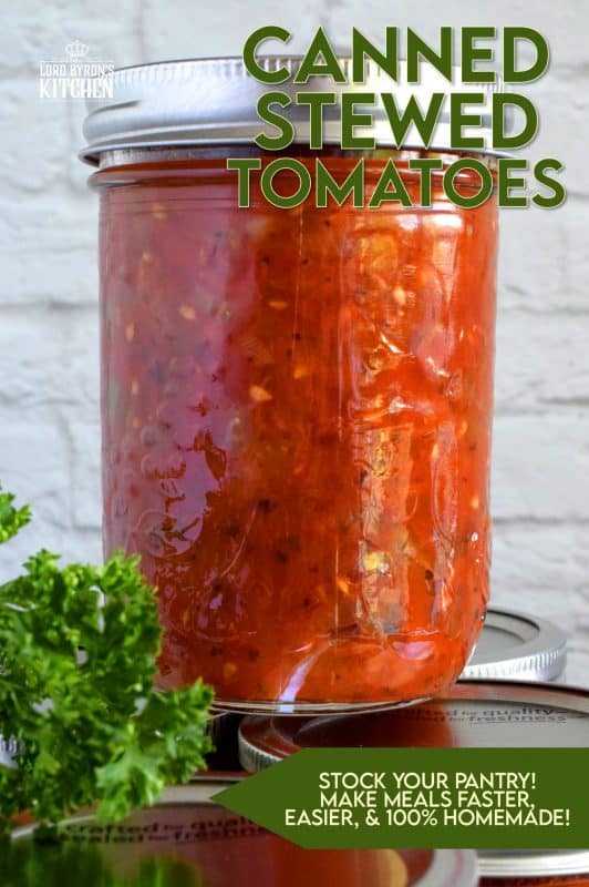 A great base to any pasta sauce, soup or stew; Canned Stewed Tomatoes is an inventive way to jazz up baked chicken or broiled seafood. Each jar is packed with tomatoes, onions, celery, and green bell pepper, making meal prep fast and easy! #canned #preserved #tomatoes #stewed