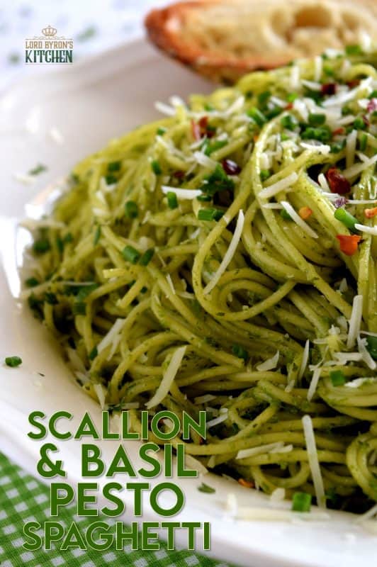 Crisp, summery, onion flavour with fresh basil and lemon undertones - Scallion and Basil Pesto Spaghetti is bound to be your new favourite pasta!  Simple ingredients, quick and easy to prepare, this pesto fits into any dietary preference and is bursting with flavour! #pesto #scallion #basil #sauce #pastasauce #pestopasta #greenonions
