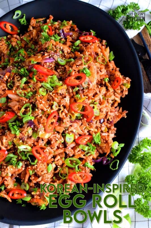 A one-pot meal complete with vegetables, grains, and protein! These Egg Roll Bowls are inspired by easy to find Korean ingredients, and is a great way to use up leftover rice. Substitute the ground pork with textured vegetable protein to make a vegetarian friendly version. #korean #koreanrecipes #gochujang #gochugaru #koreanspice #ricebowls #eggrollbowls