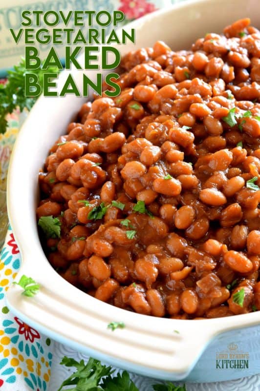 Who says Baked Beans need to have bacon?  And who says they need to be baked?  Stovetop Vegetarian Baked Beans are fast, cheap, and easy - and nobody will notice the missing pork product! If you're grilling tonight, serve these beans and some corn as a side! #vegetarian #bakedbeans #stovetop #summersides #cannedbeans #molasses