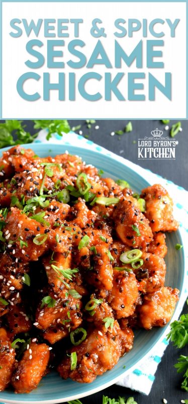Sweet and Spicy Sesame Chicken is a home-style version of a classic Chinese restaurant take out dish.  With a little spice and a little sweet, this dish is sure to please everyone's personal tastes. Who can turn down tender pieces of chicken fried until crispy and tossed in a homemade sauce? #sesamechicken #asianrecipes #sweetandspicy #chinesechicken #friedchicken #chicken