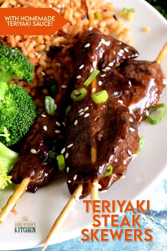 Tender, thinly sliced sirloin tip steak, grilled to perfection with a sweet glaze.  Teriyaki Steak Skewers are a great indoor or outdoor grilling option. Use store-bought sauce, or prepare homemade teriyaki sauce with pantry ingredients in just a few minutes flat! #teriyaki #beef #steak #beefteriyaki #grilled #skewers #homemade #teriyakisauce
