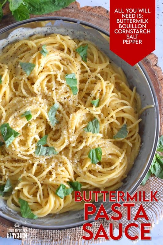 With only three ingredients, Buttermilk Pasta Sauce can easily compete with the most creamy and rich of sauces. All you need is a sauce pan, a whisk, and about ten minutes. This is a great way to use up leftover buttermilk! #buttermilk #sauce #pasta #pastasauce #vegetarian #meatless