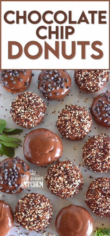 When it comes to donuts, chocolate is always a great choice.  Chocolate Chip Donuts are prepared with a vanilla batter, loaded with chocolate chips, topped with a chocolate glaze, and chocolate sprinkles.  Why?  Because nobody can every have too much chocolate! #donuts #chocolatechip #chocolate #bakednotfried #homemadedonuts