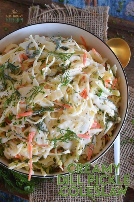 If you love dill, this Creamy Dill Pickle Coleslaw is for you! Slightly sweet and tangy, it is packed with lots of dill pickle flavour. In this recipe, there are three layers of dill flavour. There's lots of fresh dill, dill pickle juice, and finely chopped dill pickles. Is your mouth watering yet? #dillpickle #coleslaw #creamycoleslaw #pickles #salad