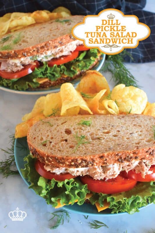 Who has time for boring sandwiches? You won't find that here, and this Dill Pickle Tuna Salad Sandwich is making sure of it! The tuna is prepared with dill pickles and fresh dill for maximum dill flavour. Finish it off with a slice of cheese, crisp lettuce, and sliced tomatoes all on great-tasting, multi-grain bread! #sandwich #dillpickle #dill #tuna #tunasandwich #tunasalad