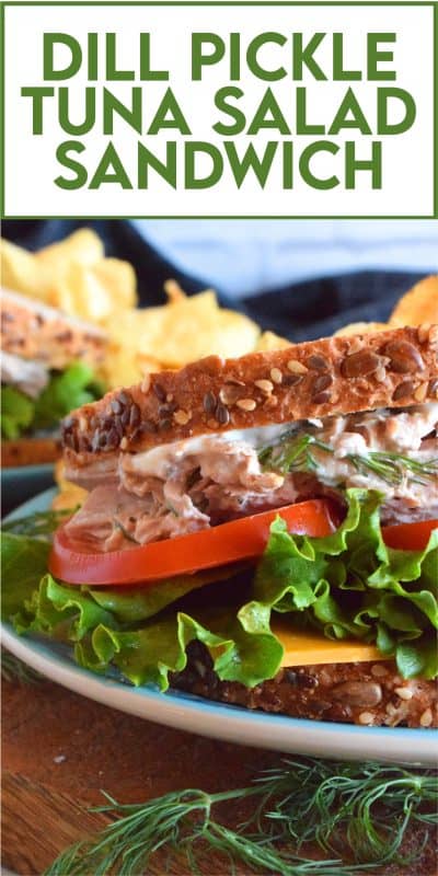 Who has time for boring sandwiches? You won't find that here, and this Dill Pickle Tuna Salad Sandwich is making sure of it! The tuna is prepared with dill pickles and fresh dill for maximum dill flavour. Finish it off with a slice of cheese, crisp lettuce, and sliced tomatoes all on great-tasting, multi-grain bread! #sandwich #dillpickle #dill #tuna #tunasandwich #tunasalad