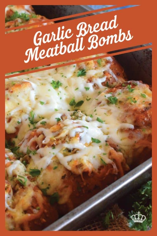 Garlic Bread Meatball Bombs are hollowed out dinner rolls which have been liberally smeared with homemade garlic butter. Each roll is stuffed with a meatball and sauce, then topped with cheese. Baked to a bubbling, gooey perfection, these bombs are the bomb! #meatballs #sliders #dinnerrollrecipes #bombs #meatballrecipes #familyrecipes #garlicbread