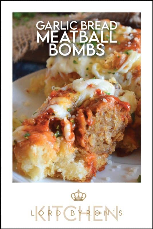 Garlic Bread Meatball Bombs are hollowed out dinner rolls which have been liberally smeared with homemade garlic butter. Each roll is stuffed with a meatball and sauce, then topped with cheese. Baked to a bubbling, gooey perfection, these bombs are the bomb! #meatballs #sliders #dinnerrollrecipes #bombs #meatballrecipes #familyrecipes #garlicbread