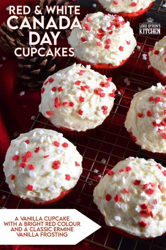 These cupcakes are red and white for Canada Day! Prepared with a vanilla base and a delicious homemade ermine frosting, these are going to be a hit! #canadaday #canada #redandwhite #red #white #cupcakes #dessert #sprinkles