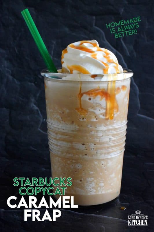 In less than 5 minutes, this at-home copycat version of Starbuck’s popular Caramel Frappuccino could be all yours. Think about it – no line up, no drive thru, and no putting on pants to go out! That’s all the reason I need! #starbucks #copycat #caramel #frap #frappuccino
