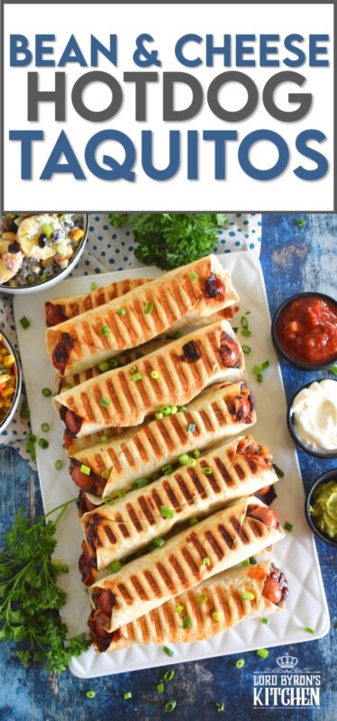 If you cannot decide whether you want a hot dog, a burrito, or a taquito for dinner, then you should just have all three in one! Bean and Cheese Hotdog Taquitos are prepared by rolling a tortilla with refried black beans, shredded cheese, and a hotdog. Grill until golden and crispy. Serve with your favourite dippers! #bbq #bean #cheese #hotdog #taquitos