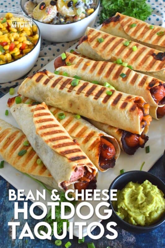If you cannot decide whether you want a hot dog, a burrito, or a taquito for dinner, then you should just have all three in one! Bean and Cheese Hotdog Taquitos are prepared by rolling a tortilla with refried black beans, shredded cheese, and a hotdog. Grill until golden and crispy. Serve with your favourite dippers! #bbq #bean #cheese #hotdog #taquitos