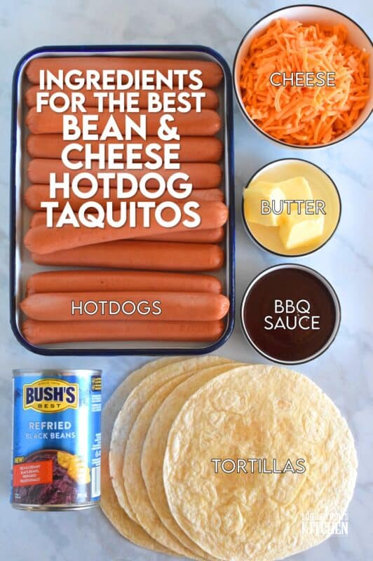 If you cannot decide whether you want a hot dog, a burrito, or a taquito for dinner, then you should just have all three in one! Bean and Cheese Hotdog Taquitos are prepared by rolling a tortilla with refried black beans, shredded cheese, and a hotdog. Grill until golden and crispy. Serve with your favourite dippers! #bbq #bean #cheese #hotdog #taquitos
