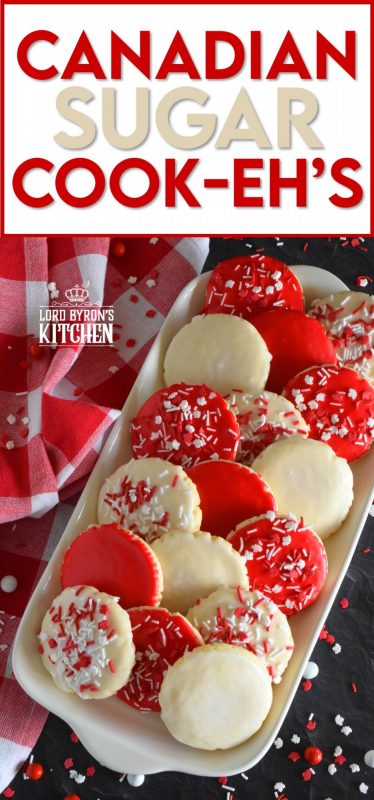 This recipe consists of a melt-in-your-mouth sugar cookie base, topped with a thin, sugary glaze, and festive sprinkles. Canadian Sugar Cook-eh's are brightly coloured with vivid red and white sweets to keep your Canada Day celebrations full of high energy! #canadianrecipes #redandwhite #sugarcookies #canadaday