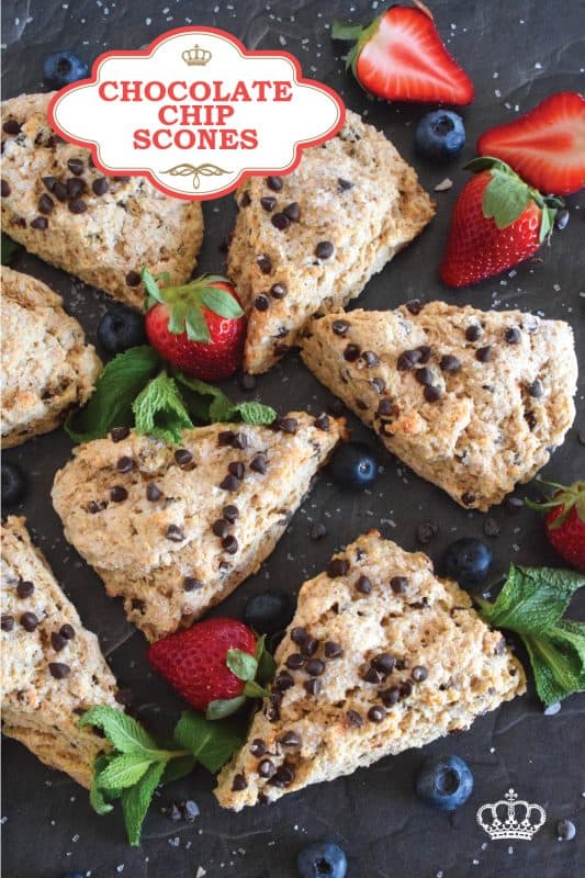 A scone for both the little kids in your life, and the adults that live their lives like a kid, Chocolate Chip Scones are sweeter than regular scones. With a good splash of vanilla, loads of milk chocolate chips, and a sprinkling of coarse sugar on top, these scones are an absolute treat. #scones #chocolate #chocolatechips