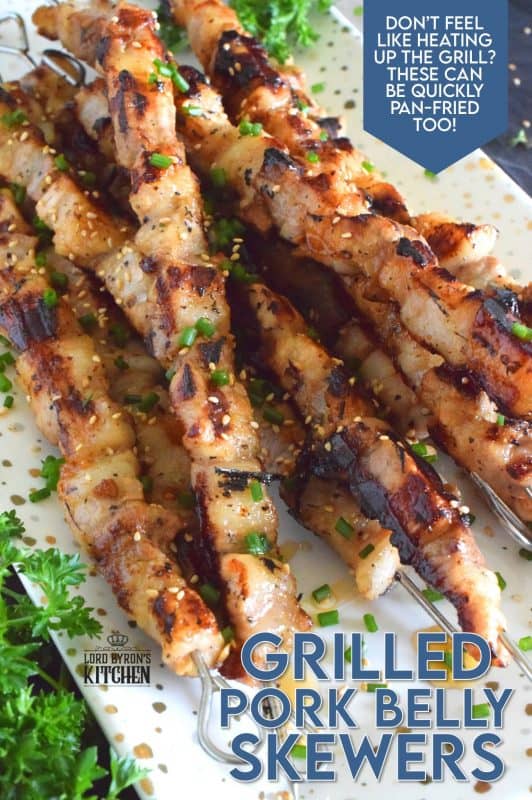 Marinated pork belly is skewered and grilled to perfection in this Asian-inspired recipe. The marinade tenderizes the pork and draws out some of the fat so that the pork can be grilled quickly on a high heat while keeping the meat moist and delicious. #pork #porkbelly #grilledpork #asian #skewers #kebabs #grilling #summer