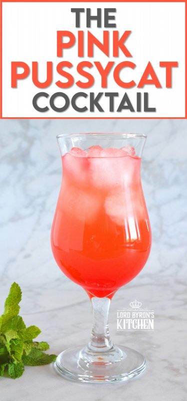 The oddly named Pink Pussycat Cocktail, which isn't really that pink at all, is a quick and easy drink which, unlike most cocktails, requires only one type of alcohol. This light and refreshing fruity drink is prepared with pineapple juice and has very low alcohol content. #cocktails #pink #pussycat #pineapple #gin