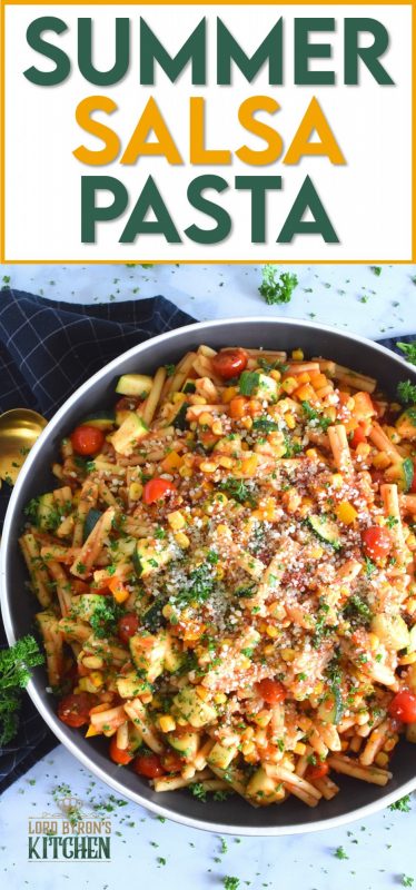 Prepared with fresh tomatoes, corn, and zucchini, Summer Salsa Pasta comes together in less than 25 minutes. With a bright, fresh, flavour, this pasta dish relies heavily on some of the best that summer has to offer. Top with parmesan cheese and grab a fork; dinner is ready! #salsa #summersalsa #pasta #summerpasta #zucchini #corn #tomatoes #meatless