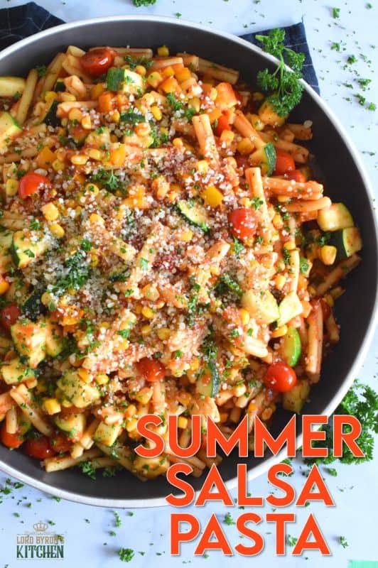 Prepared with fresh tomatoes, corn, and zucchini, Summer Salsa Pasta comes together in less than 25 minutes. With a bright, fresh, flavour, this pasta dish relies heavily on some of the best that summer has to offer. Top with parmesan cheese and grab a fork; dinner is ready! #salsa #summersalsa #pasta #summerpasta #zucchini #corn #tomatoes #meatless