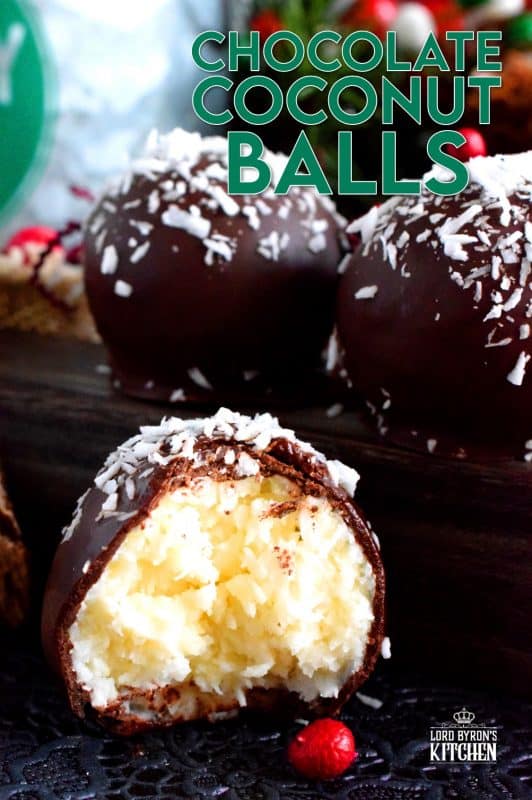 A sweet, moist, coconut and vanilla flavoured center, covered in a chocolate coating, Chocolate Coconut Balls are an easy, no-bake holiday favourite! Very freezer-friendly and great for gift-giving too! #christmas #holiday #coconut #chocolate #balls #nobake