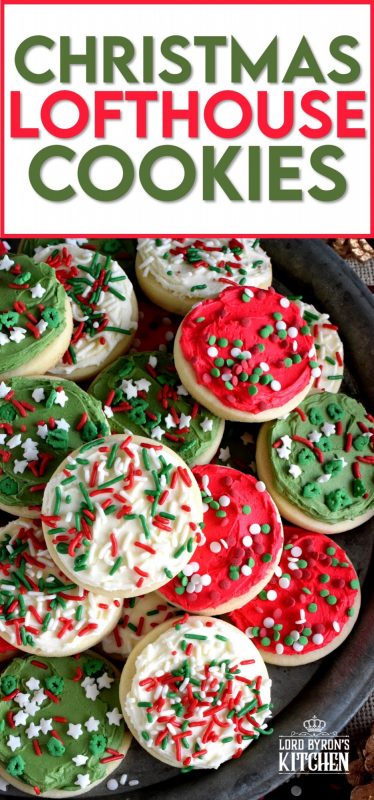 Christmas Lofthouse Cookies, a popular grocery store and bakery cookie confection in a homemade version, proving that homemade is always better! The next time you're in line at the grocery store, look away from the store-bought ones, knowing full well that you can make them better yourself! #christmas #holiday #baking #cookies #frosting #sprinkles #lofthouse
