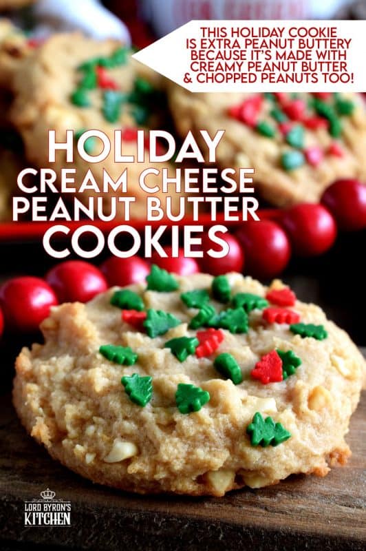 Nostalgia gets an update with these Holiday Cream Cheese Peanut Butter Cookies.  Take a classic peanut butter cookie and add cream cheese to get a lighter, flakier, tastier update on your favourite childhood cookie. Don't worry, the cream cheese does not take away any of that delicious peanut butter flavour! #holiday #christmas #baking #peanutbutter #creamcheese #cookies #sprinkles
