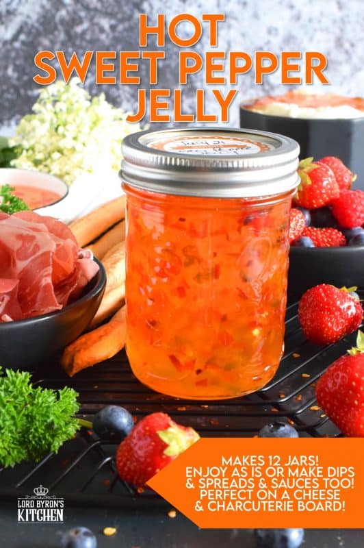 Possibly considered to be more of an appetizer or a dip, Hot Sweet Pepper Jelly is easy to prepare and makes for a quick and easy appetizer or ingredient. These are canned using the water bath canning method, which couldn't be easier! This post will walk you through every step. #hotpepperjelly #hotandsweet #sweetpeppers #canning #preserves #jelly #cannedjelly