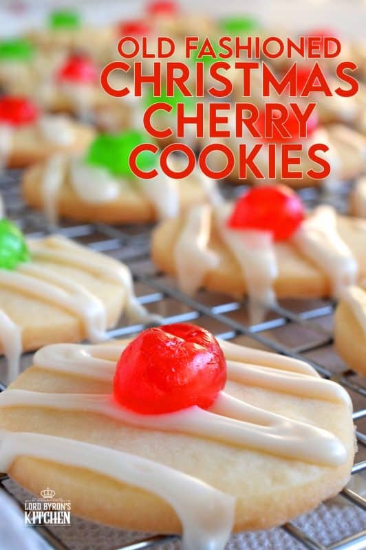 Old Fashioned Christmas Cherry Cookies are sugary, buttery, shortbread cookies, topped with royal icing and a festive candied cherry center. Not only do they look vintage, they also look really delicious, don't they!? #shortbread #cookies #christmas #holiday #baking #cherry #oldfashioned #glazed