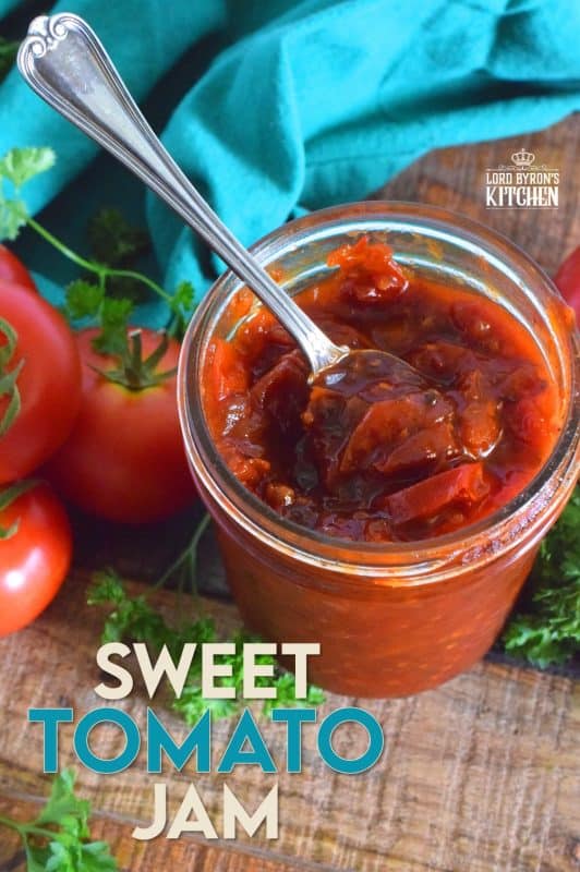Sweet Tomato Jam is a thick, sticky jam prepared with summer fresh tomatoes, onions, and seasonings. Move over ketchup; there's a new condiment in town! #tomato #jam #sweet #homemade