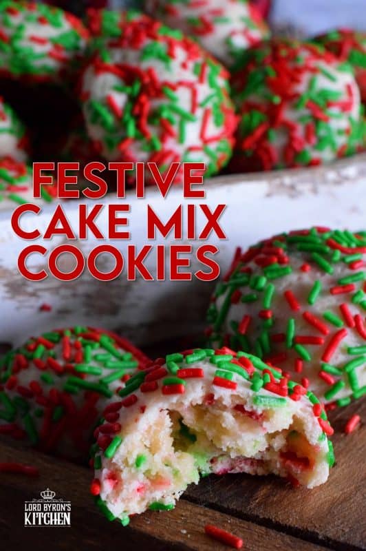 A store-bought boxed cake mix does all of the work in these Festive Cake Mix Cookies. Add in eggs, vanilla, oil, and sprinkles for a fun, kid-friendly Christmas cookie! #cakemix #cookies #christmas #holiday #festive #baking #sprinkles