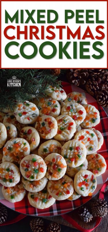 An old-time, classic Christmastime ingredient baked into a light and fluffy, soft and moist cookie. Mixed Peel Christmas Cookies are fruity, chewy, sweet, and delightfully festive! #fruit #peel #oldfashioned #English #cookies #Christmas #holiday #baking