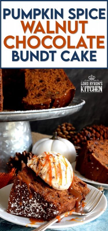 Perfectly moist and decadent on its own, but can be dressed to impress with scoop of ice cream and some caramel drizzle. Pumpkin Spice Walnut Chocolate Bundt cake is a big cake and it's perfect for sharing! #pumpkinspice #pumpkin #spice #walnut #chocolate #bundt #cake #bundtbakers