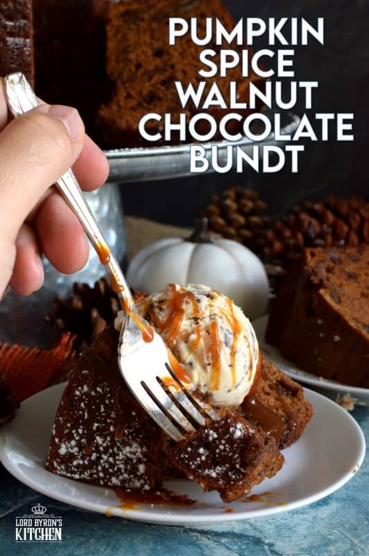 Perfectly moist and decadent on its own, but can be dressed to impress with scoop of ice cream and some caramel drizzle. Pumpkin Spice Walnut Chocolate Bundt cake is a big cake and it's perfect for sharing! #pumpkinspice #pumpkin #spice #walnut #chocolate #bundt #cake #bundtbakers