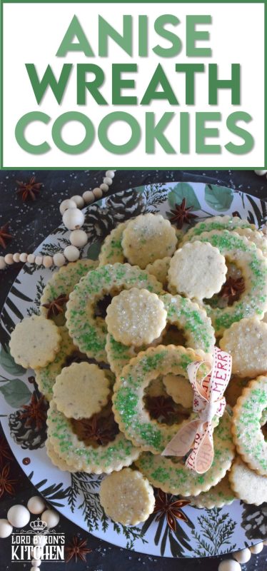 These tender, flaky, yet crisp Anise Wreath Cookies are prepared with a basic rolled cookie dough, but flavoured with crushed anise seeds. Sprinkled with green sanding sugar, these licorice-flavoured cookies are a great addition to any holiday cookie exchange or cookie platter! #christmas #holiday #baking #cookies #wreath #anise #aniseed