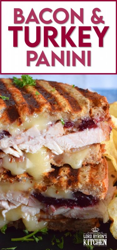 Stuffed to the max with sliced turkey, crispy bacon, and cranberry sauce, this Bacon and Turkey Panini is very juicy and loaded with melted, gooey cheese!  If you don't have a panini press, don't worry; I have a solution! #sandwich #panini #grilledsandwich #paninipress #leftovers #turkey #bacon
