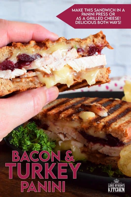 Stuffed to the max with sliced turkey, crispy bacon, and cranberry sauce, this Bacon and Turkey Panini is very juicy and loaded with melted, gooey cheese!  If you don't have a panini press, don't worry; I have a solution! #sandwich #panini #grilledsandwich #paninipress #leftovers #turkey #bacon