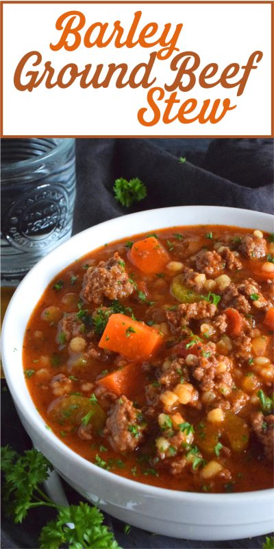 Traditionally, beef stew is made with chuck and can be pricey for the budget-conscious family. Using inexpensive ground beef is a great solution. It's readily available and affordable too. Paired with barley and a few vegetables, this stew is simply delicious! #beef #groundbeef #barley #stew #beefstew