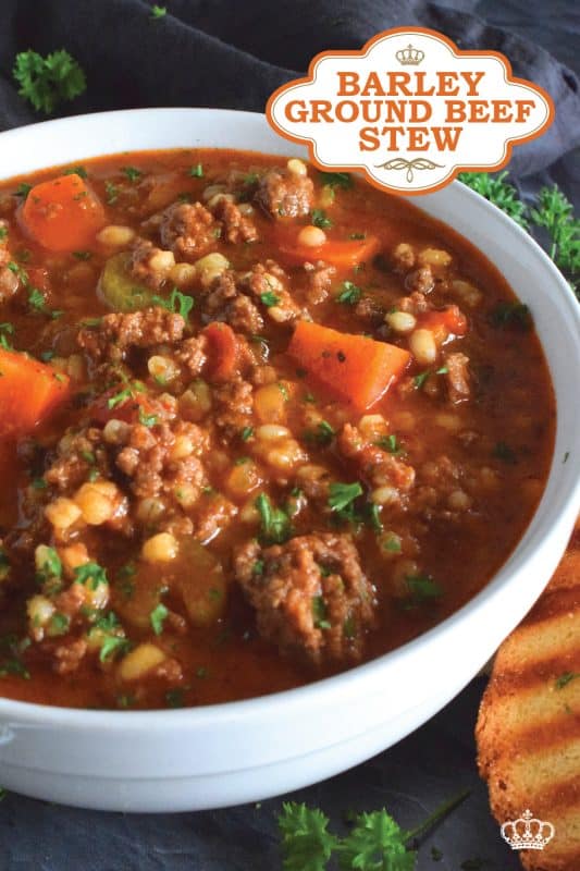 Traditionally, beef stew is made with chuck and can be pricey for the budget-conscious family. Using inexpensive ground beef is a great solution. It's readily available and affordable too. Paired with barley and a few vegetables, this stew is simply delicious! #beef #groundbeef #barley #stew #beefstew