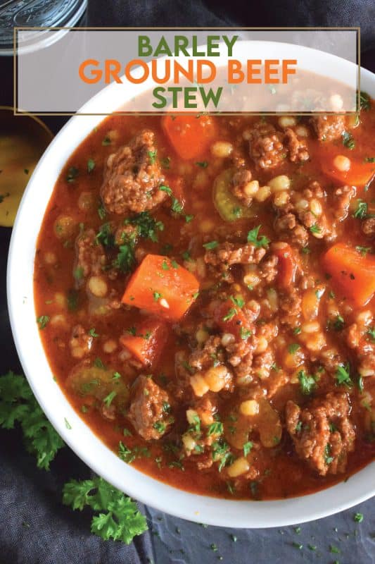 Traditionally, beef stew is made with chuck and can be pricey for the budget-conscious family. Using inexpensive ground beef is a great solution. It's readily available and affordable too. Paired with barley and a few vegetables, this stew is simply delicious! #beef #groundbeef #barley #stew #beefstew