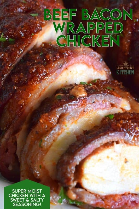 Moist and tender chicken breasts wrapped in beef bacon, which is flavoured with brown sugar, paprika, garlic, and onion. Perfectly baked until the bacon has browned and caramelized, this main is easy to prepare and absolutely delicious. There's just one problem - there never seems to be enough! #beefbacon #beef #bacon #chicken #whatsfordinner