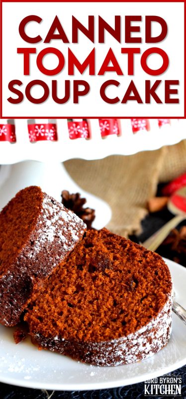The flavour of this cake surprises me every time I have a slice! Even though there is a whole can of tomato soup in this Canned Tomato Soup Cake, the flavour is a deep, warm, cozy spice flavour - not tomato-like at all! I prepare my version with raisins, but you can leave them out if you prefer a more basic cake. #christmascake #christmas #holiday #baking #tomatosoup #tomatosoupcake