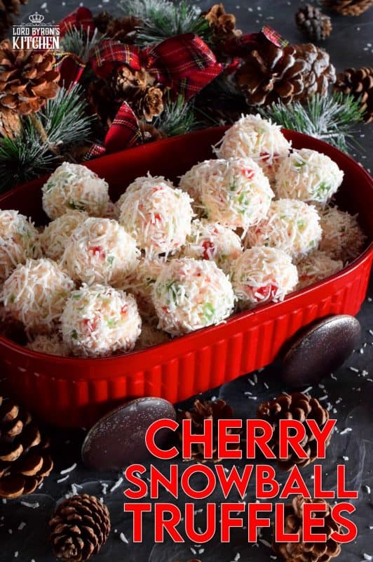 This truffle is a sweet combination of coconut, red and green candied cherries, and sweetened condensed milk. Cherry Snowball Truffles are just slightly soft and gooey. These are not only extremely festive, but super easy to make and freezer-friendly too! #truffles #christmas #holiday #nobake #cherry #redandgreen #candied #cherries #coconut
