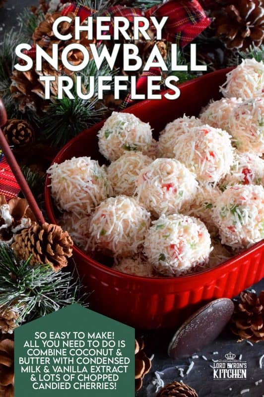 This truffle is a sweet combination of coconut, red and green candied cherries, and sweetened condensed milk. Cherry Snowball Truffles are just slightly soft and gooey. These are not only extremely festive, but super easy to make and freezer-friendly too! #truffles #christmas #holiday #nobake #cherry #redandgreen #candied #cherries #coconut