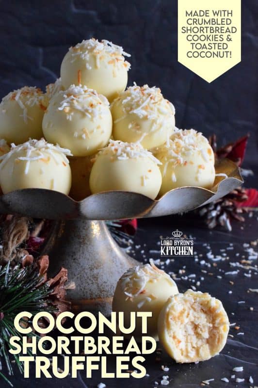 You will not believe how easy these Coconut Shortbread Truffles are to prepare! With lots of coconut flavour, these truffles are made with crumbled shortbread cookies and dipped in velvety white chocolate. Be sure to toast the coconut first to really get the best out of this holiday confection! #holiday #christmas #chocolate #truffles #coconut #nobake #cookies