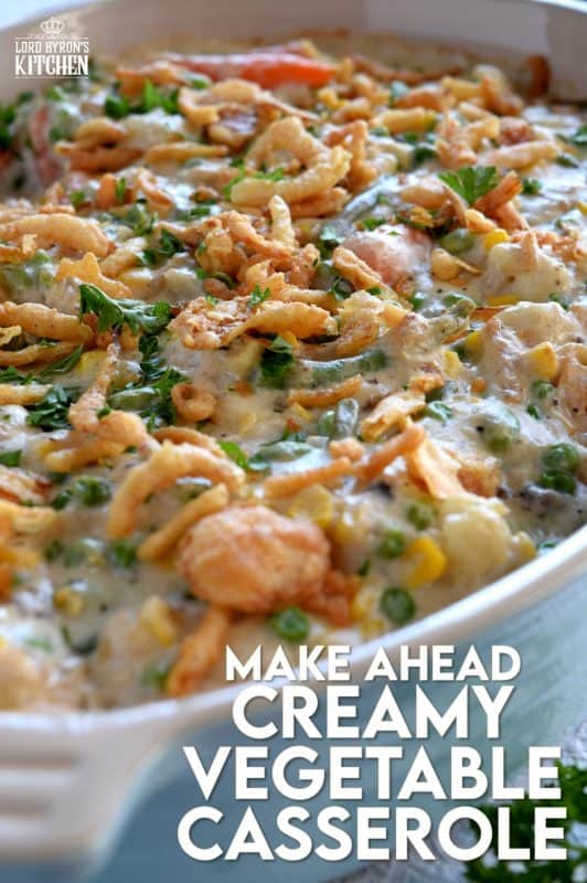A make ahead casserole consisting of vegetables and a creamy sauce - served as a side or a main, this casserole will most certainly get vegetables onto your table and into the bellies of your loved ones. This dish can easily be reheated without losing any of the creaminess, cheesiness, or texture! #casserole #vegetarian #makeahead #thanksgiving