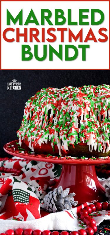 Kids of all ages will love a big slice of this Marbled Christmas Bundt Cake. This cake is festive, colourful, merry, and bright! And, no matter what your age, everyone love sprinkles! #marble #christmas #cake #bundt #bundtbakers #holiday #red #green #sprinkles