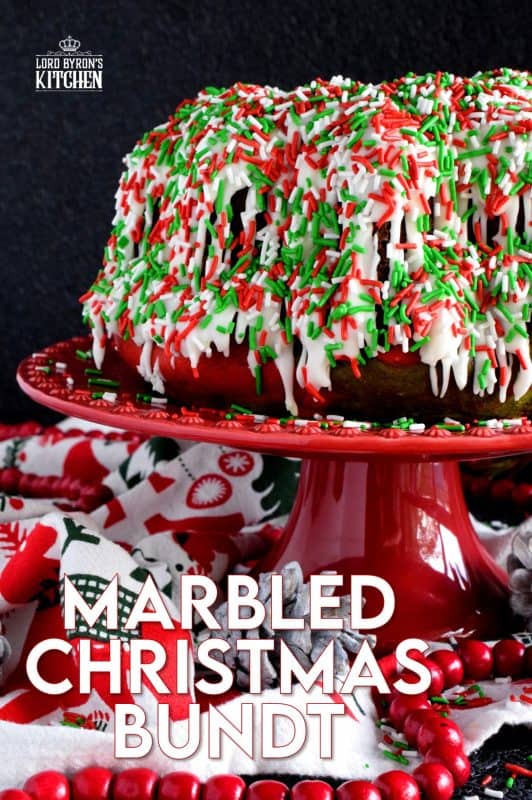 Kids of all ages will love a big slice of this Marbled Christmas Bundt Cake. This cake is festive, colourful, merry, and bright! And, no matter what your age, everyone love sprinkles! #marble #christmas #cake #bundt #bundtbakers #holiday #red #green #sprinkles