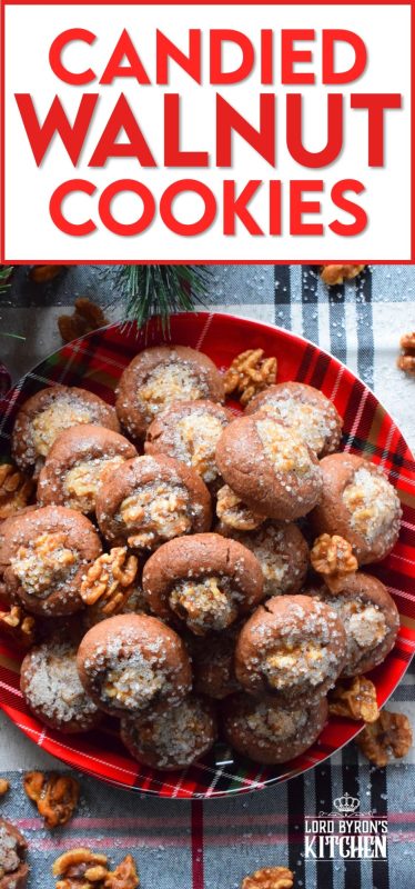 These chocolate cookies are baked with a whole candied walnut right in the center. The cookie is chocolatey and chewy, but the walnut is sweet and crunchy. Paired together, they make these Candied Walnut Cookies something extraordinary - despite the fact that they look like stuffed mushrooms! #walnuts #candied #christmas #candiednuts #baking #holiday